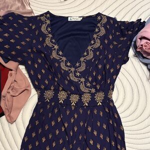 Source Unknown Navy and Gold Embroidered Maxi Dress